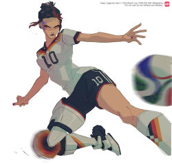  1girl 2026_fifa_world_cup apex_legends axle_(apex_legends) ball black_lips black_shorts brown_hair country_connection earrings frown german_national_soccer_team_uniform jewelry joong_beak looking_to_the_side mechanical_legs motion_blur open_hand orange_eyes shirt shorts single_mechanical_leg soccer_ball soccer_uniform solo sportswear v-shaped_eyebrows white_background white_shirt world_cup 