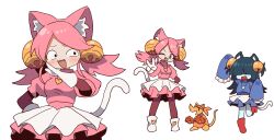  2girls absurdres animal_ear_fluff animal_ears aqua_(deltarune) bell black_hair blue_skin cat_ears cat_girl cat_tail colored_skin commentary deltarune gloves green_eyes hair_bell hair_ornament hair_over_eyes heart highres korean_commentary leg_up long_hair mad_mew_mew magg_(user_mtca8588) multiple_girls multiple_views orange_(deltarune) paw_print red_shoes shoes short_sleeves simple_background skirt tail twintails utdr_(toby_fox) v white_background white_gloves white_shoes white_skirt 