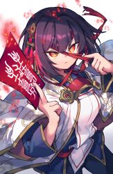  1girl absurdres bandages commentary_request fire from_above hair_ornament highres holding holding_ofuda japanese_clothes jewelry kimono kuuron_(moesann17) looking_at_viewer multicolored_hair ofuda orange_eyes pink_hair purple_hair puzzle_&amp;_dragons red_bandage seina_(p&amp;d) solo standing streaked_hair white_background white_kimono 