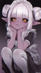  1girl absurdres apron autreeyah black_background black_sclera blush closed_mouth colored_sclera double_bun english_commentary frilled_apron frills hair_bun hand_on_own_chin hands_under_chin highres indie_virtual_youtuber kumo_kuddelmuddel leggings maid maid_apron maid_headdress medium_hair pointy_ears purple_background short_sleeves smile solo white_hair white_leggings yellow_eyes 