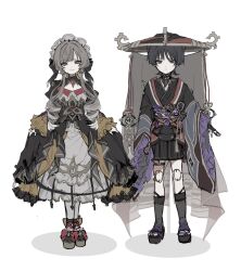  1boy 1girl adapted_costume ankle_bow armor arms_at_sides black_bow black_dress black_hair black_hat black_kimono black_sandals black_shorts black_sleeves blunt_bangs blunt_ends bonnet bow brooch brown_hair ce5_ez cleavage_cutout clothing_cutout collared_dress commentary crinoline curtsey doll_joints dress drill_hair drill_sidelocks electro_symbol_(genshin_impact) eyelashes eyeliner footwear_bow full_body gem genshin_impact gold grey_veil haidate hair_bow hakama hakama_shorts han'eri hat highres japanese_armor japanese_clothes jewelry jingasa joints juban kimono kote kurokote kusazuri layered_dress layered_kimono layered_sleeves legwear_garter lolita_fashion looking_at_viewer makeup mitsudomoe_(shape) obi open_hand pantyhose platform_sandals pleated_shorts purple_gem purple_rope purple_sash purple_sleeves red_bow red_eyeliner red_gem red_hat red_kimono red_sash rope sandals sandrone_(genshin_impact) sash scaramouche_(genshin_impact) shadow shimenawa short_hair short_hair_with_long_locks shorts sidelocks single_sode sleeves_past_wrists smile standing straight-on swept_bangs tassel toeless_legwear tomoe_(symbol) two-tone_hat veil violet_eyes vision_(genshin_impact) white_bonnet white_dress white_kimono white_pantyhose white_rope wide_sleeves wing_collar wispy_bangs yellow_bow yellow_sleeves zouri 