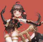  1girl ahoge black_hair breasts chinese_clothes hair_ornament highres holding holding_weapon huge_weapon long_hair mechanical_arms open_mouth pulao_(punishing:_gray_raven) punishing:_gray_raven red_background red_eyes short_sleeves side_ponytail small_breasts teeth thigh-highs thighs upper_teeth_only weapon white_thighhighs xiaoxiaoanye 