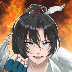  1boy :d black_gloves black_hair blue_eyes cheng_heguang clenched_hand feather_boa fiery_background fingerless_gloves fire gloves hand_up highres long_hair looking_at_viewer male_focus milmil7 mole mole_on_nose open_mouth ponytail portrait reverse:1999 smile solo sweat teeth upper_teeth_only 