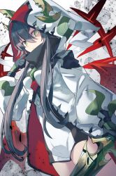 1girl absurdres dutch_angle expressionless gloves green_eyes grey_gloves grey_hair highres holding holding_sword holding_weapon hood hoodie horns kuuron_(moesann17) puzzle_&amp;_dragons rock solo standing sword thighs tierra_(p&amp;d) twintails weapon white_background white_hoodie wings 
