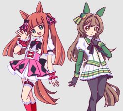  2girls animal_ears black_bow black_gloves blue_eyes blunt_bangs blunt_ends bow brown_eyes brown_hair commentary cosplay costume_switch crystallizedboo ear_covers english_commentary feet_out_of_frame garter_straps gloves green_sleeves hair_intakes hand_on_own_chest hand_up highres horse_ears horse_girl horse_tail multiple_girls orange_hair pantyhose puffy_short_sleeves puffy_sleeves shirt short_sleeves silence_suzuka_(innocent_silence)_(umamusume) silence_suzuka_(umamusume) simple_background smart_falcon_(love_4ever)_(umamusume) smart_falcon_(umamusume) socks tail trimmed_tail twintails umamusume white_background white_shirt 