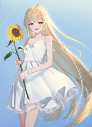  1girl blonde_hair blue_background character_request commentary copyright_request dress feet_out_of_frame flower highres io_(sinking=carousel) long_hair looking_at_viewer open_mouth outdoors solo standing sunflower untranslatable_commentary white_dress 