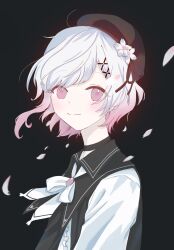  1girl beret black_background black_choker black_coat black_hat center_frills choker coat collared_coat commentary_request falling_petals flower frills gradient_hair hair_flower hair_ornament hat hat_flower hat_ribbon highres looking_at_viewer m_picture29 mahou_shoujo_no_majo_saiban multicolored_hair neck_ribbon petals pink_eyes pink_hair ribbon sakuraba_ema shirt short_hair simple_background sleeveless sleeveless_coat smile solo upper_body white_flower white_hair white_ribbon white_shirt x_hair_ornament 