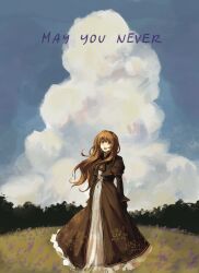  1girl :d absurdres blue_sky brown_dress brown_eyes brown_hair catherine_(project_moon) clouds cloudy_sky cumulonimbus_cloud day dress english_text floral_print floral_print_dress frilled_dress frills grass highres juliet_sleeves lattescribbles limbus_company long_dress long_hair long_sleeves looking_at_viewer open_mouth outdoors print_dress project_moon puffy_sleeves sky smile solo standing wind 