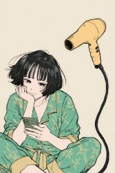  1girl black_eyes black_hair cellphone character_request commentary_request drying drying_hair floating hair_dryer higashiyama_shou highres holding holding_phone levitation light_blush light_smile long_sleeves looking_at_phone on_floor pajamas phone short_hair simple_background sitting sleeves_rolled_up smartphone solo undark:_atarashii_toumei_na_chikara_no_subete 