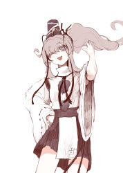  1girl :d ;d ayang black_hat black_skirt commentary_request cowboy_shot grey_eyes grey_hair hand_in_own_hair hat highres japanese_clothes kariginu long_hair long_sleeves looking_at_viewer mononobe_no_futo one_eye_closed open_mouth pom_pom_(clothes) ponytail ribbon-trimmed_sleeves ribbon_trim simple_background skirt smile solo tate_eboshi touhou turtleneck white_background wide_sleeves 