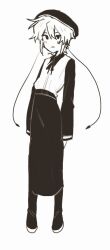  1girl adapted_costume arms_at_sides beret boots cable chicken_salad_(8ntasjmpkm90039) closed_mouth commentary_request full_body hat long_skirt long_sleeves looking_at_viewer monochrome shirt short_hair simple_background skirt solo standing utane_uta utau 