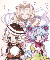  3girls babybweep blonde_hair blue_eyes blush closed_eyes closed_mouth commentary commentary_request dreamy_chelsea english_commentary francisca_francesca hair_ornament hat highres holding holding_microphone long_hair magical_girl mahou_shoujo_ikusei_keikaku mahou_shoujo_ikusei_keikaku_breakdown microphone mixed-language_commentary multicolored_eyes multicolored_hair multiple_girls musical_note pastel_mary_(mahoiku) short_hair smile untranslatable_commentary 