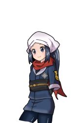  1girl akari_(pokemon) black_hair black_sash black_shirt closed_mouth commentary_request cropped_legs eyelashes grey_eyes headscarf jacket korean_commentary long_hair pantyhose pokemon pokemon_legends:_arceus red_scarf sash scarf shangus shirt sidelocks simple_background skirt smile solo white_background 