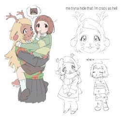  1girl 3others absurdres antlers black_skirt blonde_hair brown_hair chara_(undertale) checkered_sweater_vest commentary deer_antlers deer_girl deltarune english_text frisk_(undertale) furry furry_female green_sweater_vest highres horns kris_(deltarune) laz_(wancchaco) long_hair multiple_others noelle_holiday red_sweater_vest scarf short_hair skirt sweater_vest undertale utdr_(toby_fox) 