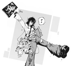  1girl absurdres among_us balgitt bangboo_(zenless_zone_zero) black_hair blush choker crewmate_(among_us) gorillaz hair_between_eyes highres holding kyomoto_(look_back) look_back looking_at_viewer messy_hair mole mole_under_mouth monochrome open_mouth overwatch overwatch_logo pomni_(the_amazing_digital_circus) ribbit_(the_amazing_digital_circus) shirt signature simple_background smile solo the_garden_of_earthly_delights torn_clothes zenless_zone_zero 