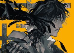  1boy 1other commentary crossword_puzzle english_commentary enigma_(reverse:1999) feathers from_side gloves greyscale_with_colored_background highres izyumn low_ponytail medium_hair parted_lips ponytail profile reverse:1999 shirt solo_focus yellow_background yellow_eyes 