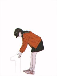  1girl absurdres black_sailor_collar black_skirt character_request commentary_request from_side full_body higashiyama_shou highres jacket leaning_forward lifting_object orange_jacket pleated_skirt sailor_collar school_uniform shoes simple_background skirt sneakers socks solo undark:_atarashii_toumei_na_chikara_no_subete white_background white_socks 
