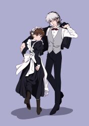  1boy 1girl alternate_costume apron arm_around_shoulder arm_up black_dress black_hair black_shoes blue_background boots bow bowtie brown_boots brown_hair chinese_commentary commentary_request dress full_body grey_vest highres juliet_sleeves kiba_nanoka kurosquid long_sleeves low_ponytail maid maid_apron maid_headdress mao_(mao) mao_(takahashi_rumiko) multicolored_hair open_mouth ponytail puffy_sleeves red_bow red_bowtie scar scar_across_eye scar_on_face shoes short_hair two-tone_hair vest white_apron white_hair yellow_eyes 