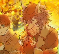  2boys animal_ears brown_hat brown_jacket burger chewing closed_mouth commentary_request eating falling_leaves fate/grand_order fate_(series) food fujimaru_ritsuka_(male) fur-trimmed_jacket fur_trim furry furry_male grey_fur grey_hair hat highres holding holding_food jacket leaf looking_at_another looking_at_food male_focus multiple_boys patxi_(fate) wide-eyed wolf_boy wolf_ears yousai_shirokuma 