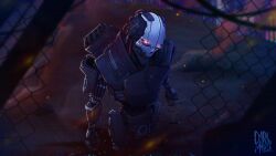  1boy absurdres adam_smasher adam_smasher_(cosplay) apex_legends artist_name cable chain-link_fence cosplay cyberpunk_(series) dara_la_malice embers eye_trail fence fire glowing glowing_eyes head_tilt highres humanoid_robot light_trail looking_at_viewer missile_pod red_eyes revenant_(apex_legends) robot solo 