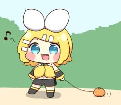  1girl :3 :d arm_warmers black_arm_warmers black_shorts blonde_hair blue_eyes blush_stickers bow_hairband chibi chibi_only commentary_request fang food fruit full_body hair_ornament hairband hairclip kagamine_rin mandarin_orange musical_note nukotun open_mouth parallel_hairclips shirt short_hair shorts sleeveless sleeveless_shirt smile solo standing vocaloid white_hairband white_shirt 