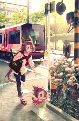 0_0 2girls animal_ears bag black_pants blue_eyes bow brown_hair clothes_around_neck commentary_request ear_bow ear_ornament hair_between_eyes highres horse_ears horse_girl horse_tail long_sleeves mother_and_child mother_and_daughter multiple_girls narita_taishin_(umamusume) odawara_hakone outdoors overalls pants parent_and_child pink_overalls power_lines railroad_crossing road_sign running school_bag shirt shoes short_hair short_sleeves sign spring_onion tail train tree umamusume utility_pole white_shirt 