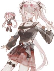  1girl :d asymmetrical_bangs bare_shoulders black_choker black_shirt braid breasts choker commentary_request cowboy_shot eyewear_on_head facial_mark hair_ornament hair_ribbon heart heart_facial_mark highres honkai:_star_rail honkai_(series) jewelry kano_kano_777 long_hair long_sleeves looking_at_viewer medium_breasts miniskirt multicolored_hair multiple_views necklace official_alternate_costume official_alternate_hairstyle pink_eyes red_nails red_skirt red_streaks ribbon ring shirt sidelocks simple_background skirt smile sparkle_(honkai:_star_rail) sparxie_(candy-coated_waves)_(honkai:_star_rail) sparxie_(honkai:_star_rail) standing streaked_hair stuffed_animal stuffed_toy sunglasses teddy_bear thigh_strap twintails twitter_username two_side_up very_long_hair white_background x_hair_ornament 