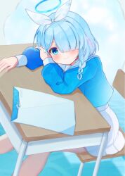  1girl absurdres arona_(blue_archive) blue_archive blue_background blue_eyes blue_hair blue_halo blue_shirt blunt_bangs blush bow braid chair choker closed_mouth colored_inner_hair commentary desk envelope feet_out_of_frame hair_bow hair_over_one_eye hairband halo hand_on_own_arm highres kagurazaka_(zwyz7227) leaning_forward long_bangs long_sleeves looking_at_viewer medium_hair miniskirt multicolored_hair on_chair pink_hair pleated_skirt puffy_long_sleeves puffy_sleeves sailor_collar school_chair school_desk school_uniform serafuku shirt simple_background single_braid sitting skirt smile solo white_bow white_choker white_hairband white_sailor_collar white_skirt 