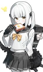  1girl 3girls absurdres android antennae artist_name asymmetrical_sleeves bag black_bag black_blindfold black_bow black_bowtie black_eyes black_sailor_collar black_serafuku black_skin black_skirt black_tail black_trim blindfold blue_archive blue_background blunt_bangs blush bow bowtie brown_butterfly brown_eyes butterfly character_doll character_keychain colored_skin commentary_request cowboy_shot disc disc_cover disk dress_shirt ein_(blue_archive) extra_pupils eyebrows_visible_through_hair food_in_mouth forehead gold_background gradient_butterfly grey_bag hair_bow hair_intakes hair_over_one_eye highres holding holding_disc long_hair long_sleeves looking_at_viewer mechanical_arms mechanical_tail medium_hair midriff mismatched_pupils navel ohr_(blue_archive) pleated_skirt robot robot_girl robot_joints robotic_arms robotic_tail sailor_collar school_uniform serafuku short_hair single_antenna skirt sof_(blue_archive) striped striped_clothes striped_skirt tail twintails two-tone_skin ujuro variant_set white_bag white_hair white_sailor_collar white_serafuku white_skin white_skirt x-shaped_pupils yellow_blindfold yellow_bowtie yellow_butterfly yellow_eyes 