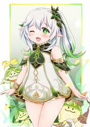  1girl :d ;d anklet aranara_(genshin_impact) armlet arms_at_sides bare_legs bare_shoulders bloomers blush border bracelet brooch cape colored_tips commentary cross-shaped_pupils double-parted_bangs dress genshin_impact gold_anklet gold_armlet gold_bracelet gold_trim gradient_background gradient_hair grass green_background green_cape green_eyes green_hair hair_between_eyes hair_intakes hair_ornament highres jewelry leg_up long_hair looking_at_viewer miu_pal multicolored_hair nahida_(genshin_impact) one_eye_closed open_mouth outside_border pointy_ears side_ponytail sleeveless sleeveless_dress smile standing standing_on_one_leg stirrup_footwear streaked_hair symbol-shaped_pupils thigh_gap thighs toeless_legwear two-tone_hair white_bloomers white_border white_dress white_hair 
