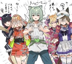  5girls ? animal_ear_fluff animal_ears black_hair blonde_hair blue_archive blue_pants blunt_bangs bow bowtie brown_eyes brown_hair cat_ears cat_girl cheval_grand_(umamusume) cho_kaguya-hime! cigarette colored_inner_hair commentary covering_another's_eyes crescent crescent_hair_ornament grey_hair hair_ornament halo highres holding holding_cigarette horseshoe_ornament kaguya_(cho_kaguya-hime!) kaguya_(tsukuyomi)_(cho_kaguya-hime!) kazusa_(blue_archive) long_hair lop_rabbit_ears mashima_himeko_(show_by_rock!!) multicolored_hair multiple_girls natsuyoshi_yuuko pants pink_hair pink_halo pleated_skirt puffy_short_sleeves puffy_sleeves purple_bow purple_bowtie purple_shirt rabbit_ears sailor_collar sailor_shirt school_uniform shirt short_sleeves show_by_rock!! simple_background skirt summer_uniform the_olphy too_many_cigarettes tracen_school_uniform trait_connection translation_request twintails two-tone_hair umamusume voice_actor_connection white_background white_shirt white_skirt yani_neko yani_neko_(yani_neko) 