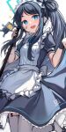  1girl :d absurdres aris_(blue_archive) aris_(maid)_(blue_archive) black_hair blue_archive blue_eyes borrowed_clothes commentary garter_straps halo highres long_hair looking_at_viewer luzzi_(milllim) maid maid_headdress official_alternate_costume ponytail revision short_sleeves simple_background smile solo thigh-highs white_background white_thighhighs 