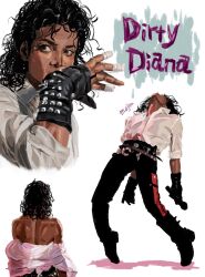  1boy back bandages black_hair black_pants boots commentary dark-skinned_male dark_skin dirty_diana full_body highres holding holding_microphone looking_to_the_side michael_jackson microphone multiple_views mv_191516 pants real_life shirt song_name white_shirt 