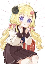  1girl animal_ears backpack bag bandaid bandaid_on_knee bandaid_on_leg blonde_hair blue_bow blush bow brown_sailor_collar brown_skirt closed_mouth commentary_request hair_bow hands_up highres hololive horns index_fingers_raised long_hair low_twintails pink_bow pleated_skirt randoseru rino_cnc sailor_collar school_uniform serafuku sheep_ears sheep_girl sheep_horns shirt sitting skirt smile solo tsunomaki_watame twintails unworn_bag very_long_hair violet_eyes virtual_youtuber white_background white_shirt 