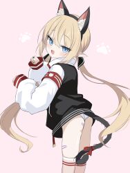  1girl absurdres animal_ear_fluff animal_ear_hairband animal_ears armband artist_request bandaid bandaid_on_ass bandaid_on_leg bandaid_on_thigh black_nails blonde_hair blue_eyes bow cat_ear_hairband cat_ears cat_tail commentary_request commission elf fake_animal_ears fake_tail fang hairband highres jacket korean_commentary long_hair long_sleeves looking_at_viewer multicolored_jacket oc_(atj7359) open_mouth original paw_pose paw_print pointy_ears red_armband red_bow second-party_source skin_fang solo tail tail_bow tail_ornament thigh-highs twintails two-tone_jacket very_long_hair white_thighhighs 
