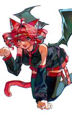  0916psy 1girl absurdres ahoge all_fours animal_ear_fluff animal_ears bare_shoulders black_shirt black_skirt black_sleeves black_thighhighs black_wings blush breasts buttoned_cuffs buttons cat_ears cat_tail collarbone commentary detached_sleeves drill_hair fang hair_between_eyes hair_intakes highres kasane_teto kasane_teto_(utau) light_blush long_sleeves looking_at_viewer open_mouth pleated_skirt red_eyes red_hair red_tail red_trim shirt simple_background single_paw_pose skin_fang skirt smile solo tail thigh-highs thighs tongue twin_drills twintails utau white_background wings 