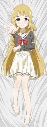  1girl absurdres barefoot bed_sheet blonde_hair blush dakimakura_(medium) from_above full_body hair_ribbon highres long_hair looking_at_viewer lying nogi_sonoko on_back reaching reaching_towards_viewer ribbon school_uniform smile solo tenma_(0806) yuusha_de_aru 
