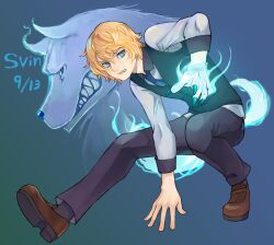  1boy black_vest blonde_hair blue_background blue_eyes blue_necktie brown_shoes character_name commentary_request dated fangs fate_(series) hair_between_eyes highres long_sleeves looking_at_viewer lord_el-melloi_ii_case_files magic male_focus necktie pants satou_usuzuku shirt shoes short_hair simple_background solo svin_glascheit vest white_shirt 