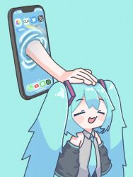  1girl 1other :3 aqua_background aqua_hair aqua_necktie black_sleeves blush_stickers cellphone chibi closed_eyes commentary_request detached_sleeves fourth_wall hatsune_miku headpat headset highres iphone long_hair nanomujina necktie open_mouth phone simple_background smartphone solo_focus twintails vocaloid 