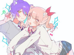  1boy 1other absurdres akiyama_mizuki animal_ear_fluff animal_ears blue_hair candy cardigan cat_ears claw_pose closed_mouth collared_shirt commentary diagonal-striped_clothes diagonal-striped_necktie food highres kamishiro_rui kamiyama_high_school_uniform_(project_sekai) kemonomimi_mode lollipop long_sleeves looking_at_viewer multicolored_hair necktie open_mouth pink_eyes pink_hair ponytail project_sekai purple_hair school_uniform shirt short_hair sidelocks simple_background skirt smile sparkle streaked_hair striped_clothes striped_necktie two-tone_hair urake white_background wing_collar yellow_eyes 