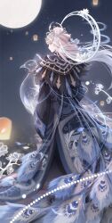  1girl animal animal_print beads bird bird_print black_capelet black_hanfu branch capelet chinese_clothes chinese_hairpin circlet closed_mouth commentary crescent crescent_hair_ornament expressionless feather-trimmed_capelet feather_hair_ornament feathers floating_hair flower from_behind full_body full_moon grey_hair hair_beads hair_ornament hair_stick half_updo halo halo_behind_head hanfu highres holding holding_animal holding_bird interruption_(echo-023) lantern light_particles long_hair long_sleeves looking_at_viewer looking_back making-of_available moon moonset_(shining_nikki) night nikki_(series) outdoors paper_lantern peacock peacock_feathers peafowl petals pointy_nose shining_nikki sky smoke solo star_(sky) starry_sky topknot untranslatable_commentary very_long_hair white_flower white_halo wide_sleeves yellow_eyes yunjian 