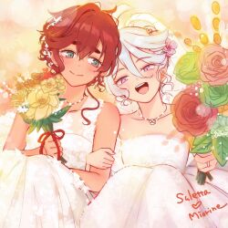  bare_shoulders bouquet commentary_request dress flower gundam gundam_suisei_no_majo hair_flower hair_ornament hand_on_another's_arm holding holding_bouquet jewelry locked_arms looking_at_another looking_at_viewer miorine_rembran monchaman01 necklace off-shoulder_dress off_shoulder open_mouth red_hair ring sleeveless sleeveless_dress suletta_mercury wedding_ring white_dress white_hair yuri 
