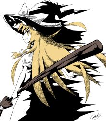  1girl black_hat blonde_hair bow broom commentary_request cowboy_shot dress floating_hair foreshortening from_behind generalcanon hat hat_bow hatching_(texture) highres holding holding_broom kirisame_marisa linear_hatching long_hair looking_back partially_colored puffy_short_sleeves puffy_sleeves short_sleeves sideways_glance signature simple_background smile solo spot_color touhou v-shaped_eyebrows very_long_hair white_background witch_hat yellow_eyes 