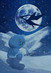  +_+ 7_phi_3 blue_theme commentary_request desert fangs flygon full_moon highres looking_up moon night no_humans outdoors pokemon pokemon_(creature) pokemon_focus sand sand_dune silhouette sitting sky sparkle star_(sky) starry_sky trapinch 