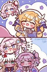  3girls ahoge badge bag blue_eyes blue_hair blush blush_stickers character_badge closed_eyes colored_inner_hair commentary_request denia_(wuthering_waves) embarrassed flying_sweatdrops hair_ornament highres korean_commentary long_hair multicolored_hair multiple_girls nivora_(wuthering_waves) open_mouth orange_hair pink_hair signature sigrika_(wuthering_waves) smile sw_haze tote_bag twitter_username veil white_veil wuthering_waves 