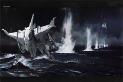  2others concept_art fighting firing flying full_body gun gundam gundam:_hathaway's_flash highres holding holding_gun holding_shield holding_weapon mecha mobile_suit multiple_others night ocean pablo_uchida penelope_(hathaway's_flash) robot science_fiction shield weapon xi_gundam 