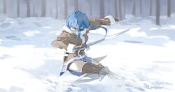  1girl absurdres ahoge black_shorts blue_eyes blue_hair boots coat eien_001 english_commentary fighting_stance full_body grey_coat grey_thighhighs highres holding holding_sword holding_weapon long_hair long_sleeves mushoku_tensei nina_farion outdoors short_shorts shorts snow solo sword thigh-highs weapon white_boots winter winter_clothes winter_coat 
