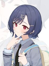  1girl absurdres backpack bag black_necktie blue_hair blush closed_mouth collared_shirt commentary_request grey_jacket hair_ornament hairclip highres idolmaster idolmaster_shiny_colors idolmaster_shiny_colors_song_for_prism jacket long_sleeves morino_rinze multiple_hairclips necktie official_alternate_costume official_alternate_hairstyle poppo_yo_say red_eyes shirt short_hair upper_body v v_over_mouth white_shirt yellow_bag zoom_layer 