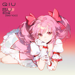  1girl ahoge artist_name black_choker blush bow choker closed_mouth commentary dress english_commentary gem gloves hair_bow hand_on_own_chin highres kaname_madoka kaname_madoka_(magical_girl) legs long_hair looking_at_viewer lying magical_girl mahou_shoujo_madoka_magica mahou_shoujo_madoka_magica_(anime) pink_background pink_bow pink_dress pink_eyes pink_gem pink_hair qiususu short_sleeves skirt smile solo twintails white_gloves white_skirt 