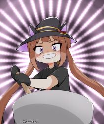  1girl animal_ears black_gloves black_shirt braid braided_hair_rings brown_hair commentary_request constricted_pupils gloves hair_rings hat highres horse_ears horse_girl long_hair nerunerunerune parody poteo_(poteo_mot) shaded_face shirt short_sleeves solo stirring sweep_tosho_(umamusume) t-shirt twintails twitter_username umamusume upper_body violet_eyes witch_hat 
